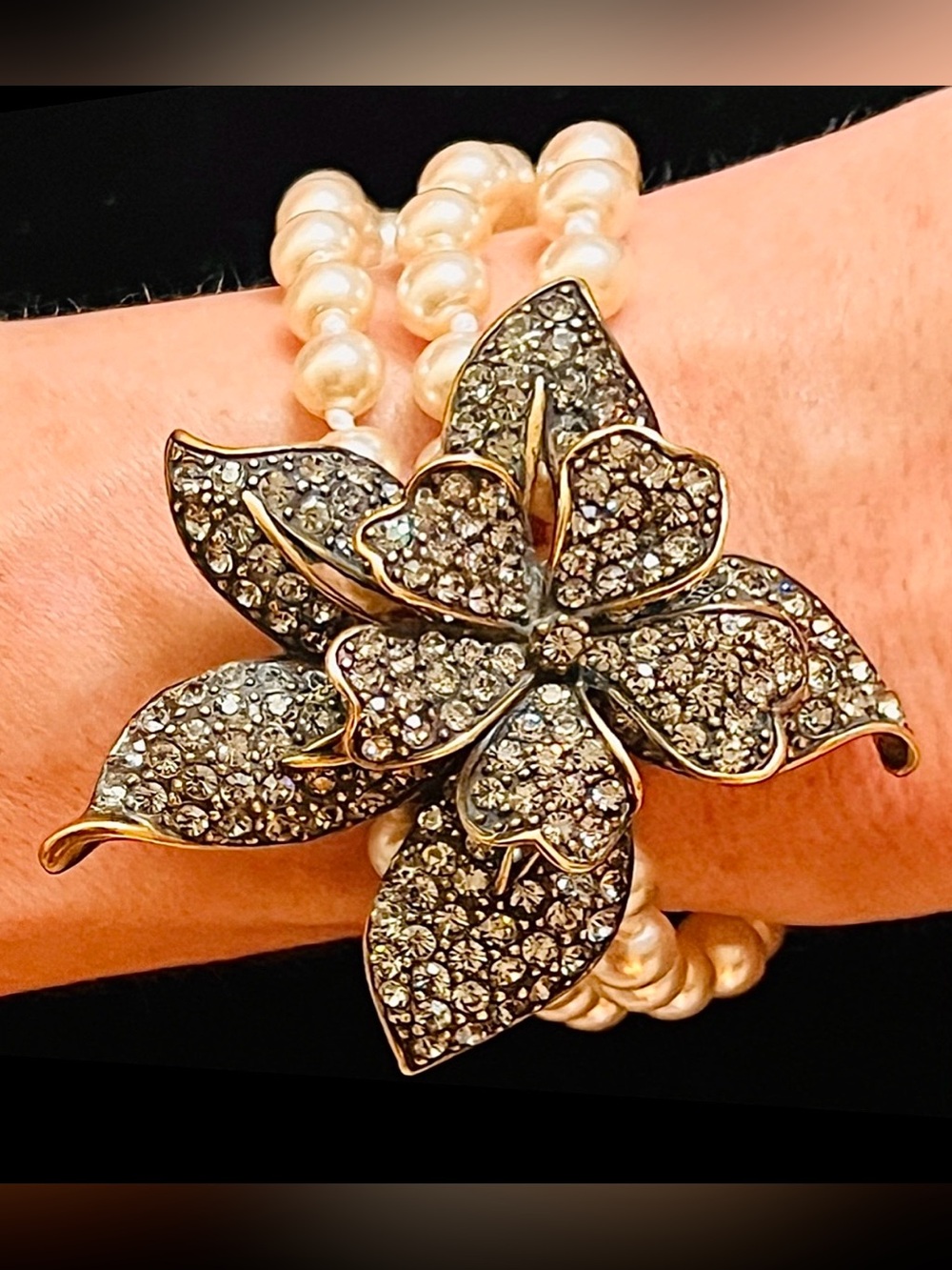 Heidi Daus Vintage Crystal Flower 3-Strand Pearl Bracelet 7" Custom Conversion
